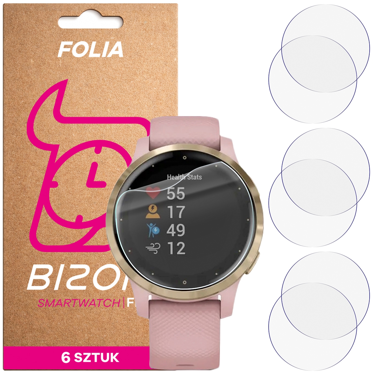 Folia ochronna na ekran zegarka Bizon Watch Film HydroFlex do Garmin Vivoactive 4S, 6 sztuk