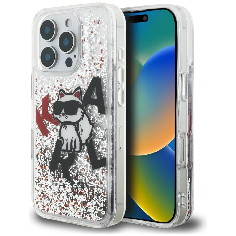 Etui Karl Lagerfeld Liquid Glitter Choupette Logo do iPhone 16 Pro, przezroczyste