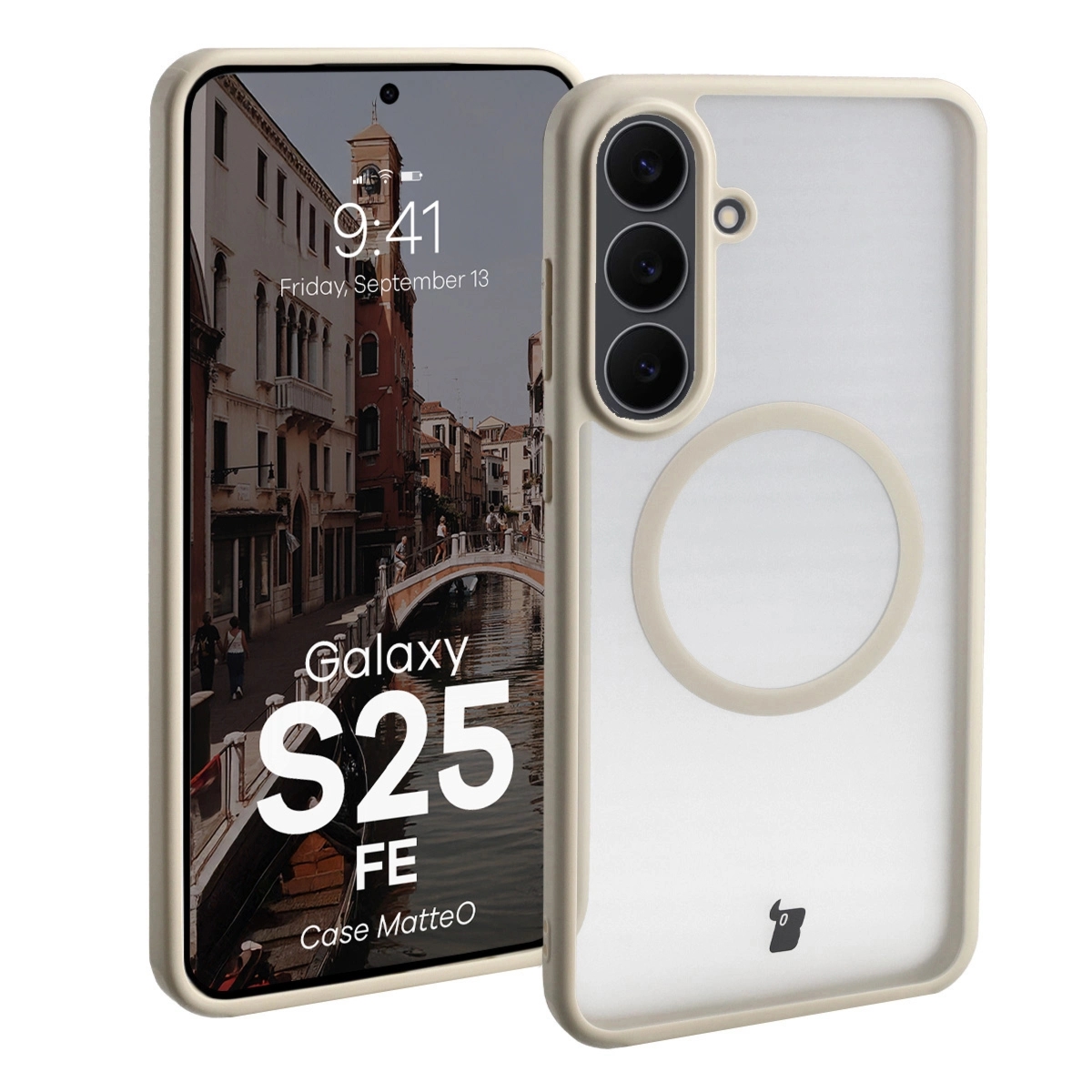 Etui z pierścieniem magnetycznym Bizon Case MatteO do Galaxy S25 FE, przydymione-beżowe