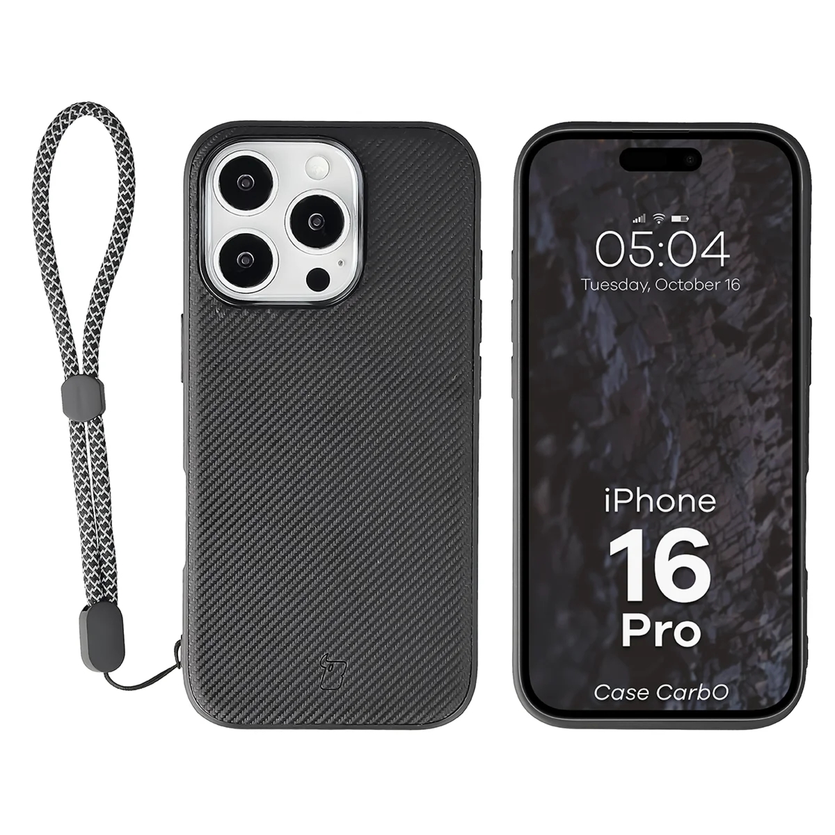 Etui ze smyczką na nadgarstek i pierścieniem magnetycznym Bizon Case CarbO do iPhone 16 Pro, czarne