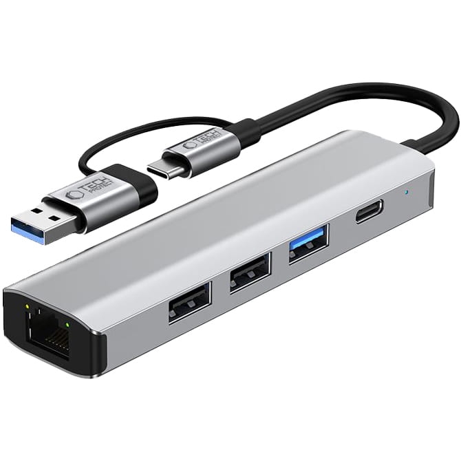 Image of Hub, adapter Tech-Protect HB03, 5w1 2x USB-A 3.0, 1x USB-A 2.0, 1x USB-C, RJ-45, szary