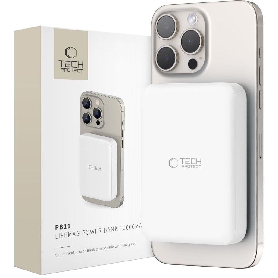 Image of Powerbank z ładowaniem indukcyjnym 10000mAh 15W + kabel USB-C 0.5m, Tech-Protect PB11 Lifemag, biały
