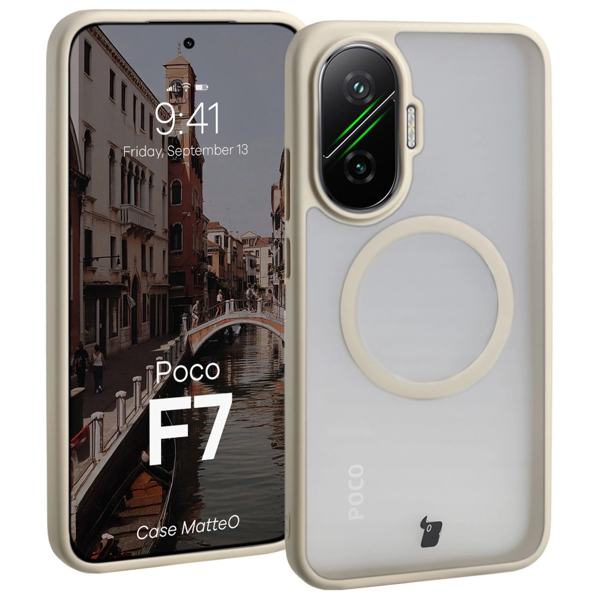 Etui z pierścieniem magnetycznym Bizon Case MatteO do Xiaomi POCO F7, przydymione-beżowe