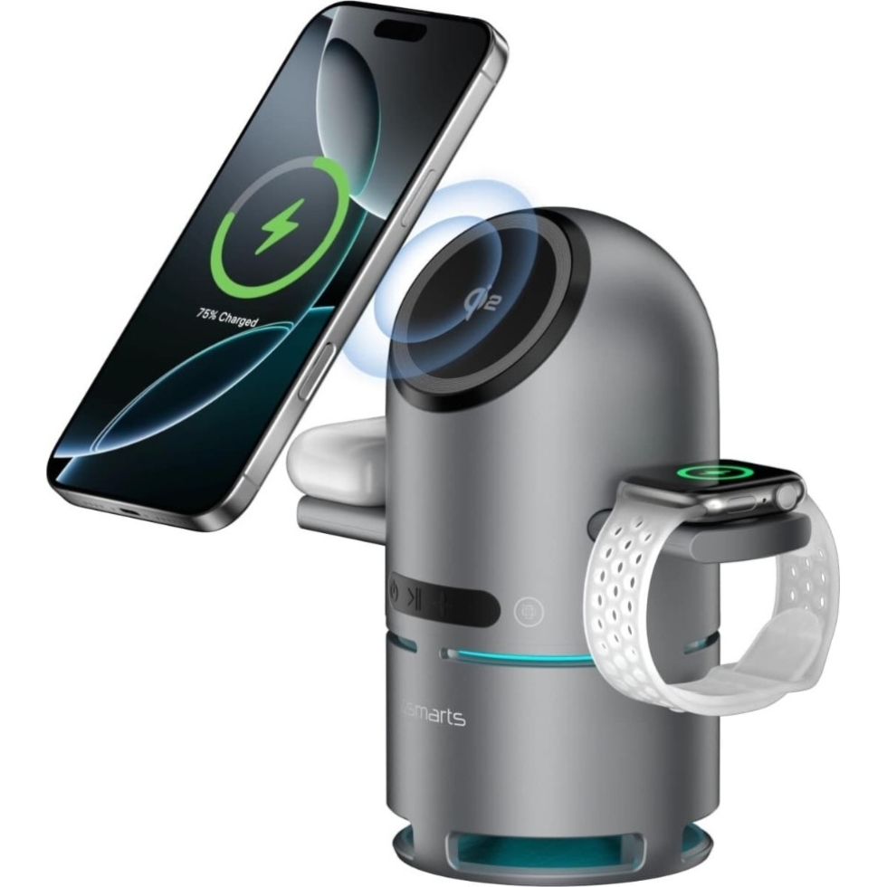 Ładowarka indukcyjna 3w1 Qi2 15W z głośnikiem Bluetooth 5W, 4smarts ChargeBot Sound, szara