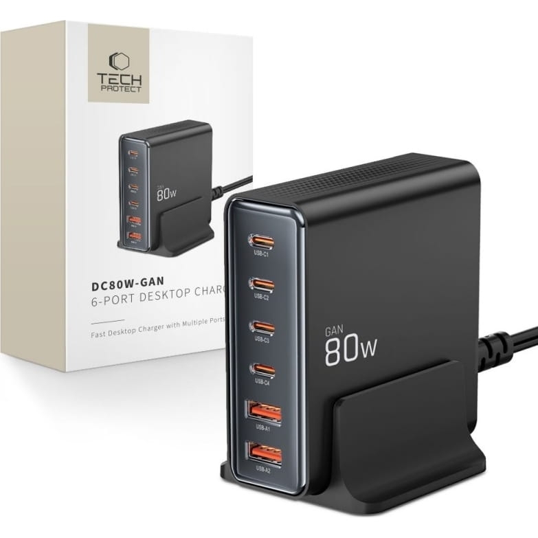 Image of Multi Ładowarka biurkowa Tech-Protect DC80W - GaN 6-Port Deskop Charger , USB-A / USB-C, czarna