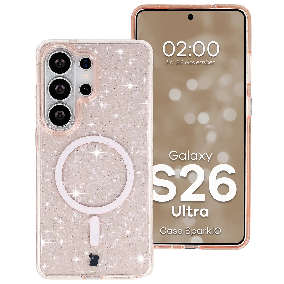 Etui brokatowe z pierścieniem magnetycznym Bizon Case SparklO do Galaxy S26 Ultra, przezroczysto-jasnopomarańczowe z brokatem