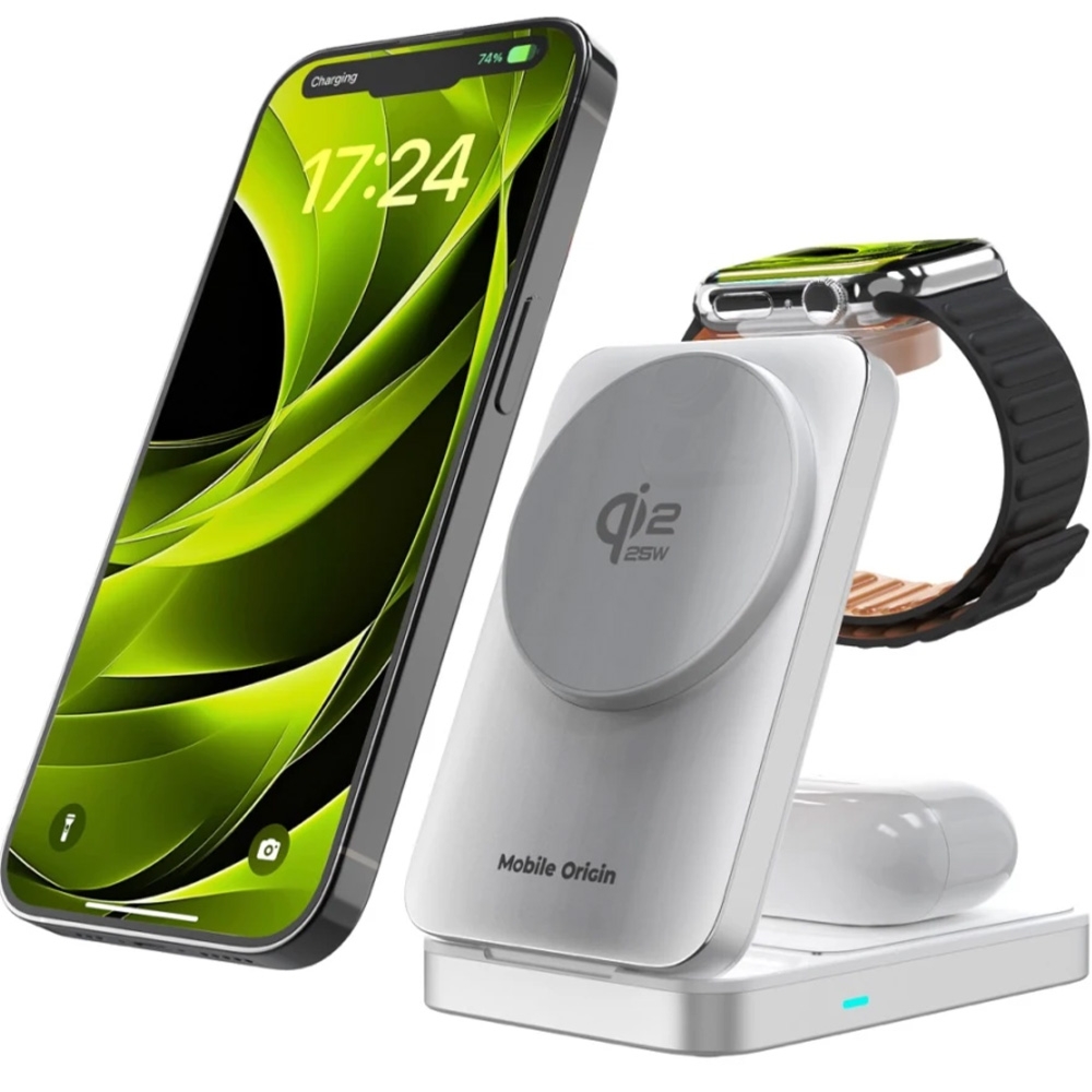 Składana ładowarka indukcyjna Mobile Origin 3w1 Foldable Charging Stand PW35 MagSafe, Qi2.2, 25W, kabel USB-C, srebrna