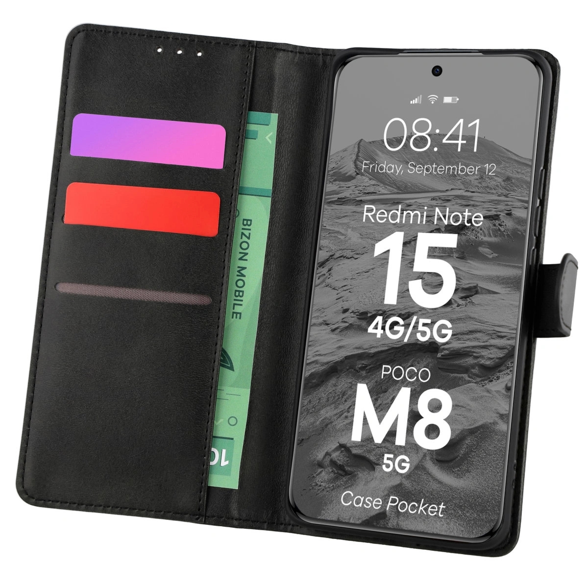 Etui z klapką Bizon Case Pocket do Xiaomi Redmi Note 15 / POCO M8 5G, czarne