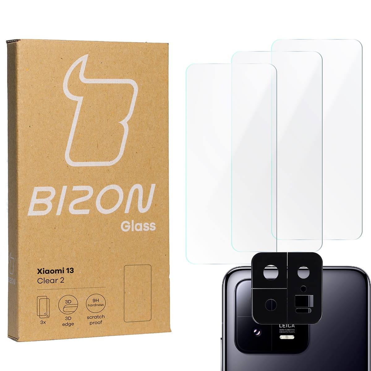 Image of 3x Szkło hartowane + szybka na aparat Bizon Glass Clear 2 Pack do Xiaomi 13