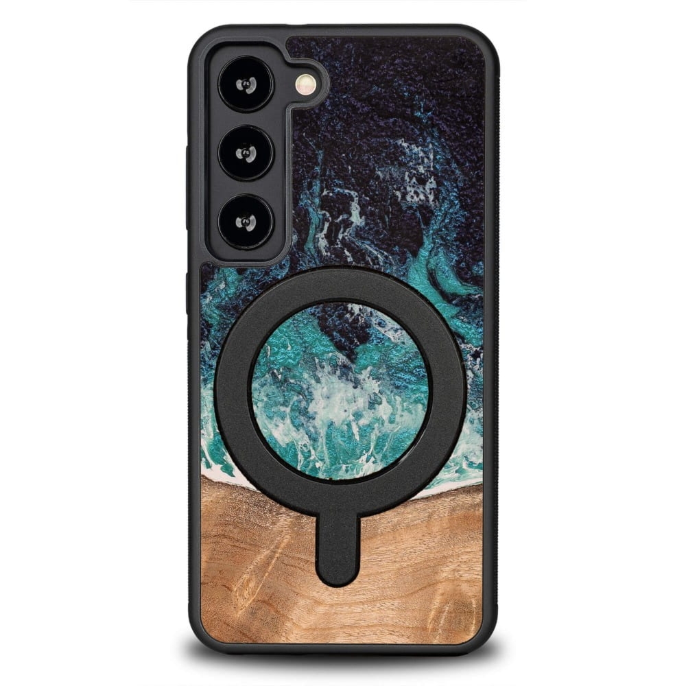 Drewniane etui do Galaxy S23, Bewood Unique Dream Island do MagSafe, niebiesko-brązowe