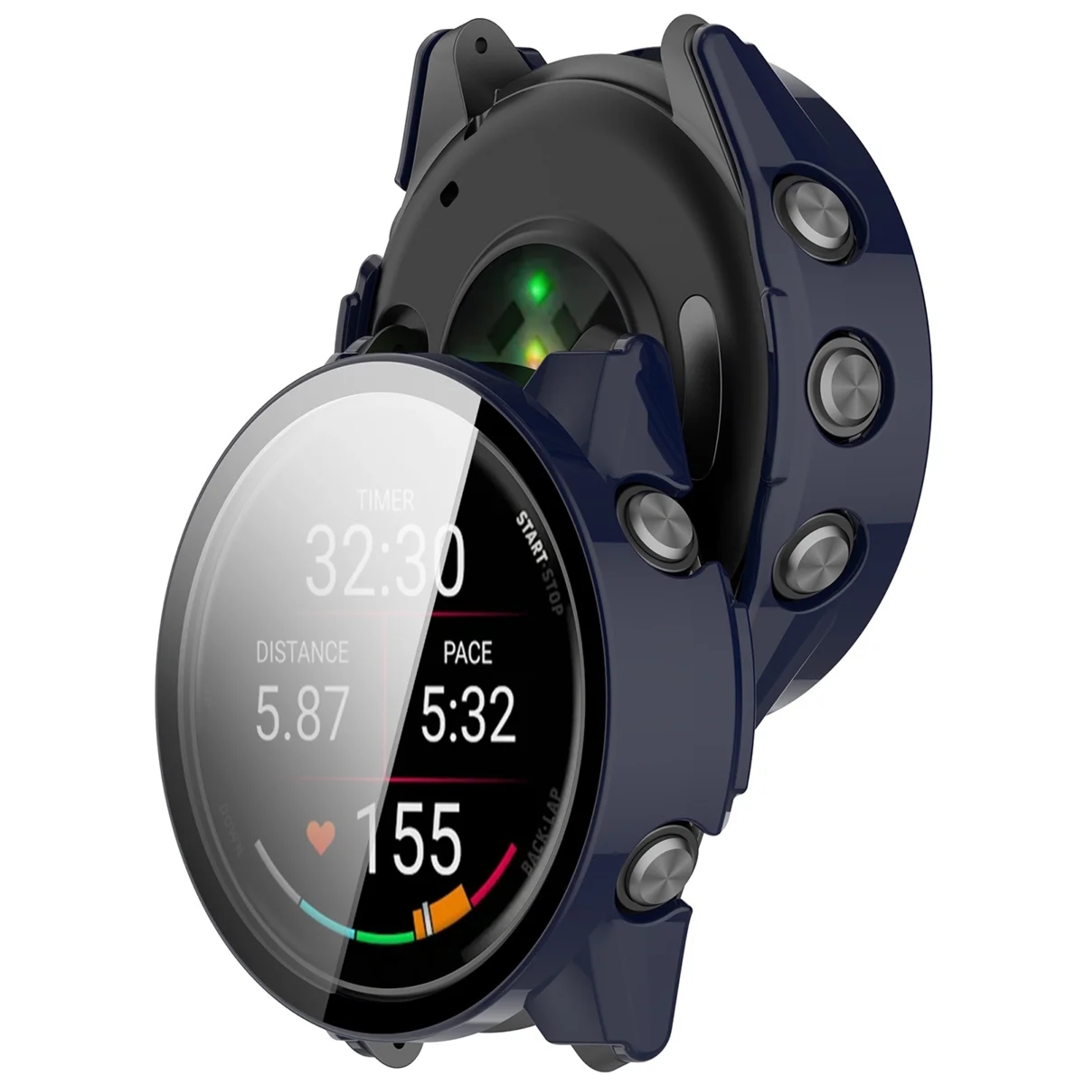 Etui ze szkłem do zegarka Bizon Case Watch Adamo do Garmin Forerunner 70 / 170 / 170 Music, niebieskie