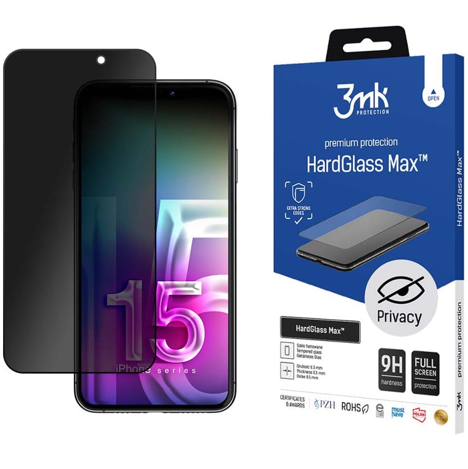 Image of Szkło prywatyzujące 3mk HardGlass Max Privacy do iPhone 15 Pro Max, czarna ramka