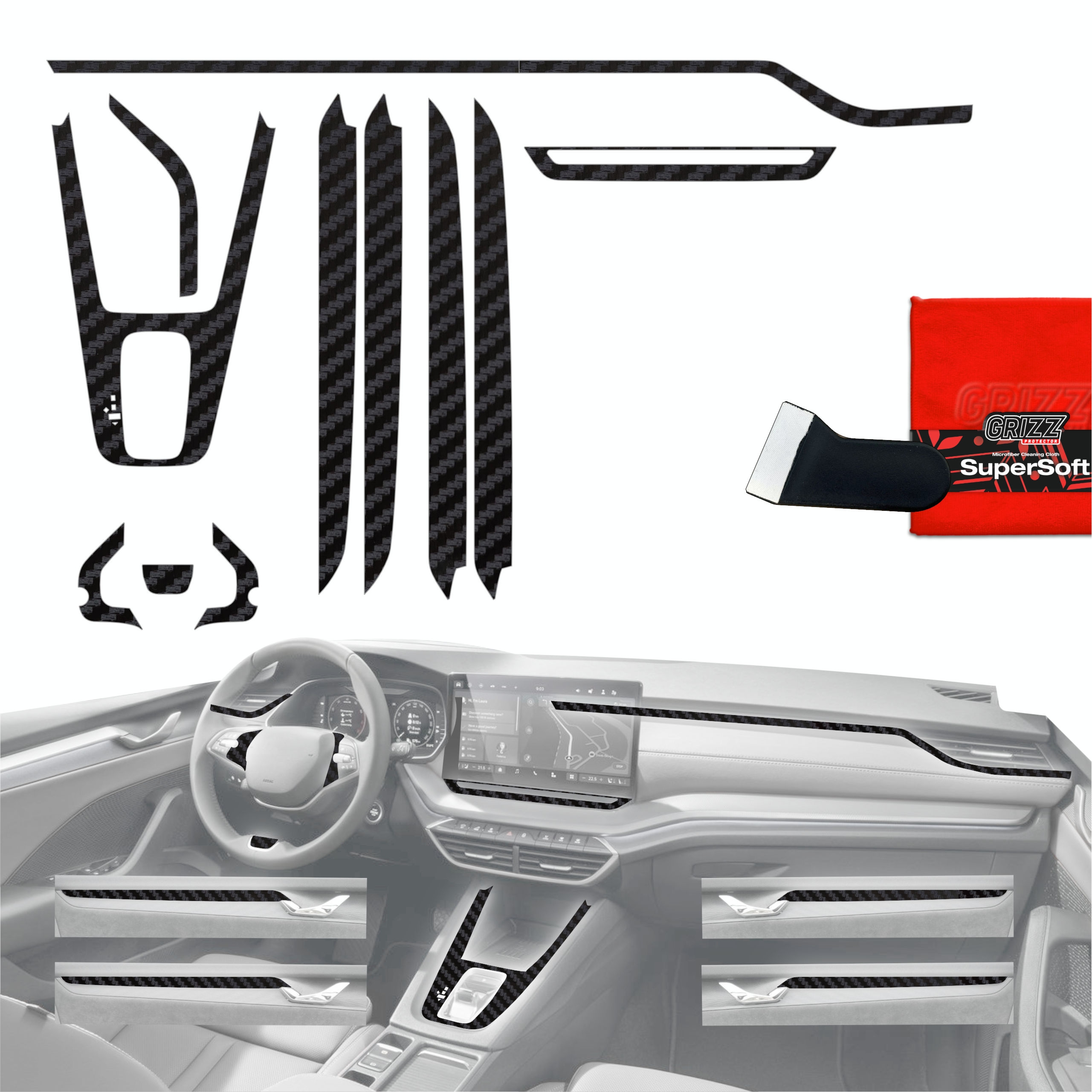 Folia do wnętrza Skoda Octavia 4 10″ Facelift (2024-2026) Grizz Protector 11w1 Karbonowa Antyodciskowa