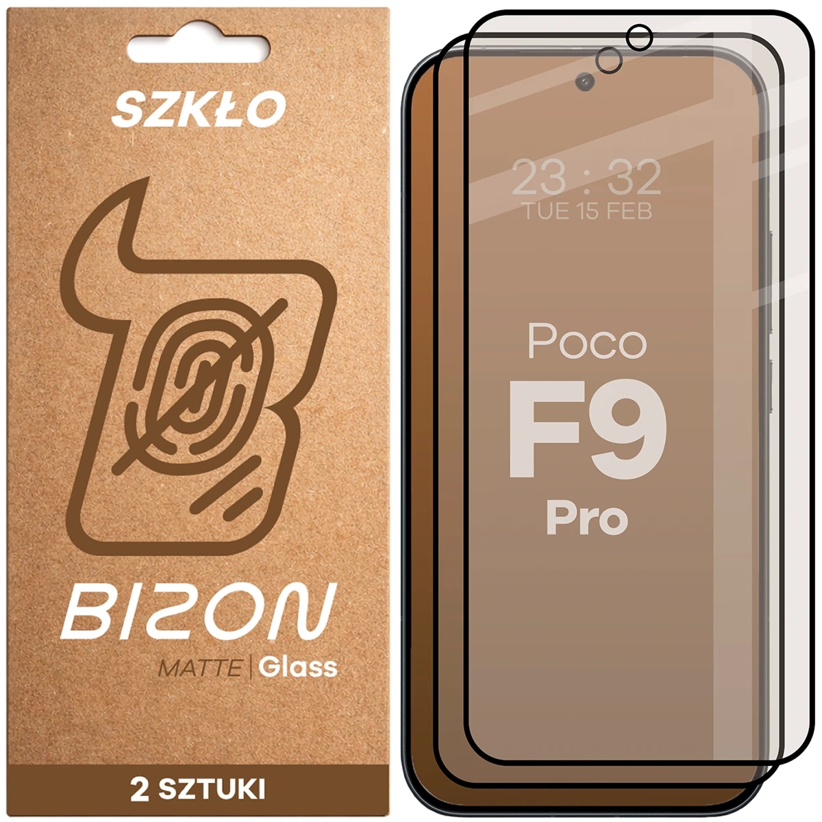 Matowe szkło hartowane Bizon Glass Matte Duo do Xiaomi POCO F9 Pro, czarna ramka, 2 sztuki