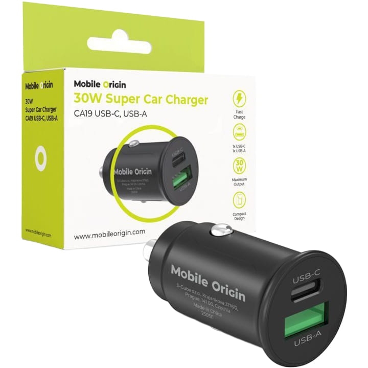 Ładowarka samochodowa Mobile Origin CA19 30W,  USB-C PD, USB-A QC 3.0, PPS, czarna