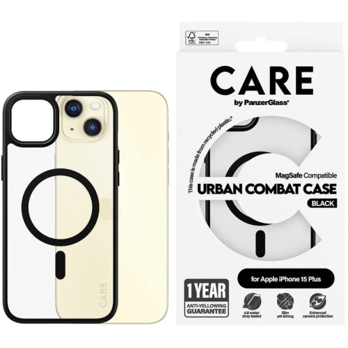 Image of Etui CARE by PanzerGlass Urban Combat Case MagSafe do iPhone 15 Plus, przezroczyste z czarnym