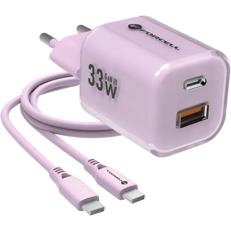 Ładowarka sieciowa GaN3 USB-C PD, USB-A QC 4.0, 33W, Forcell Wall Charger, kabel USB-C, różowa