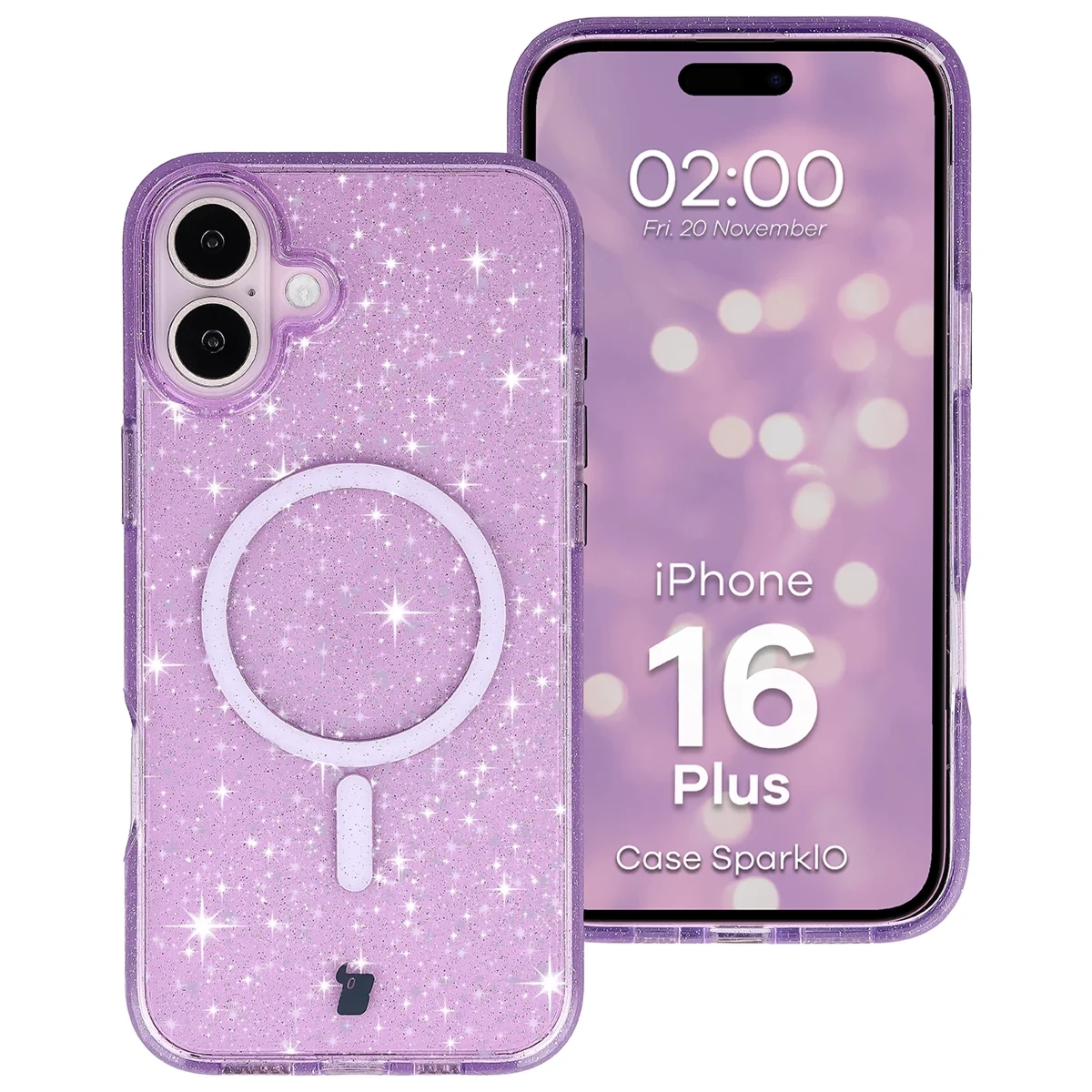Etui brokatowe z pierścieniem magnetycznym Bizon Case SparklO do iPhone 16 Plus, przezroczysto-fioletowe z brokatem