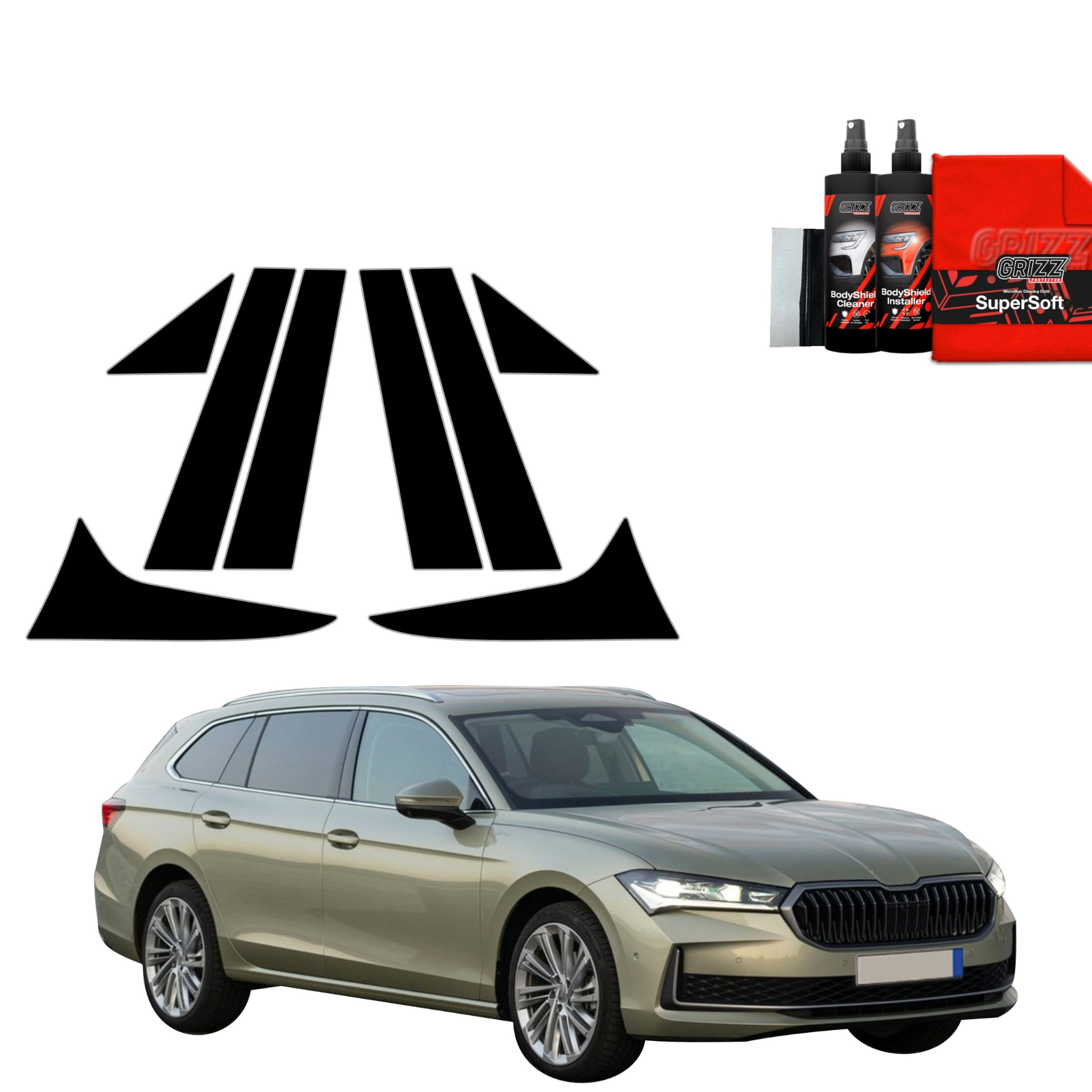 8w1 Czarna folia Grizz Protector na słupki do Skoda Superb 4 Combi (2024-2026)