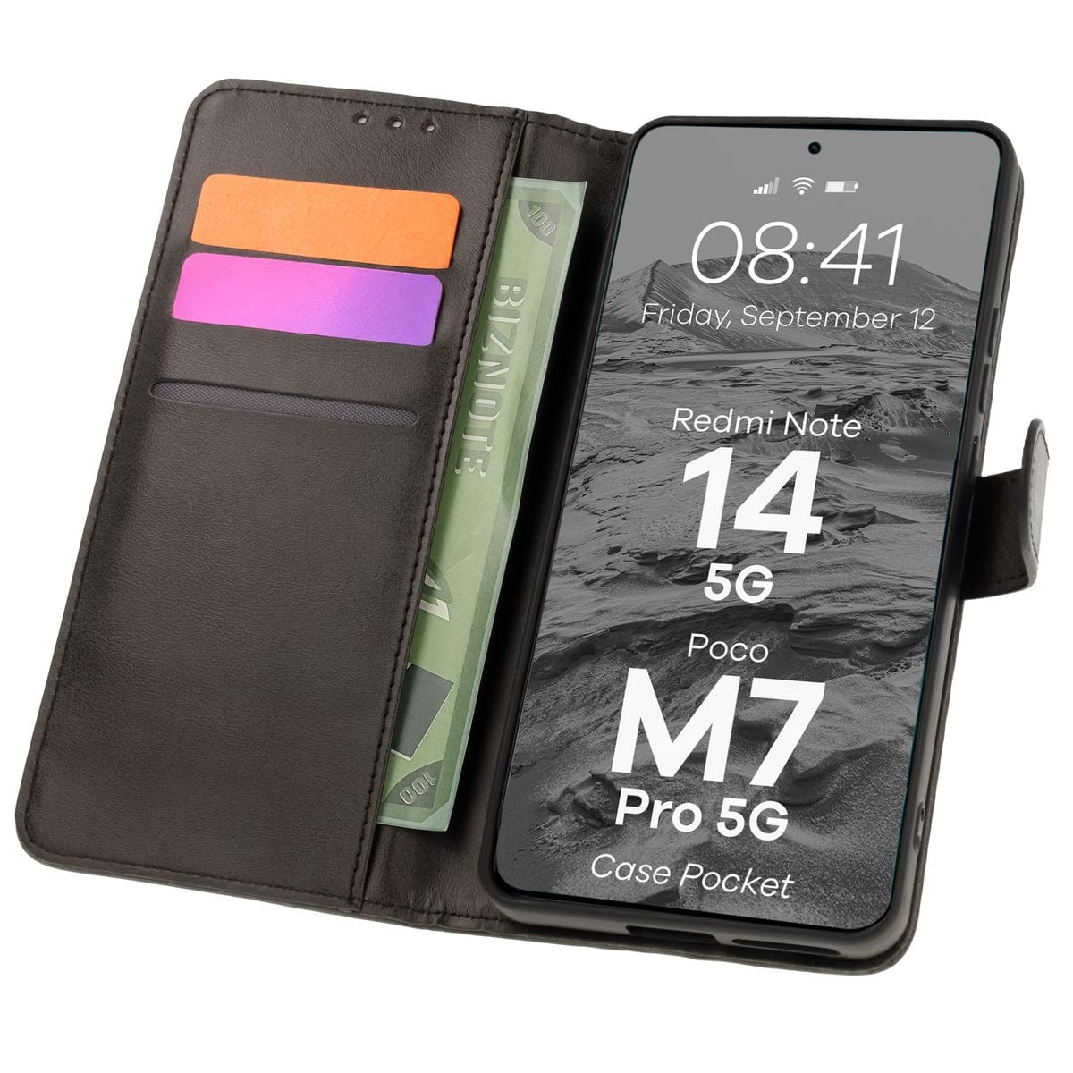 Image of Etui z klapką Bizon Case Pocket do Xiaomi Redmi Note 14 5G / Poco M7 Pro 5G, czarne