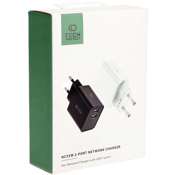 Image of OUTLET: Ładowarka sieciowa Tech-Protect C35W 2-PORT Network PD 35W USB-C, czarna