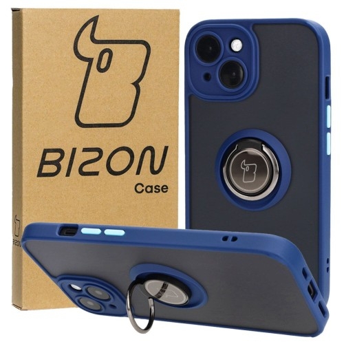 Image of Etui z uchwytem na palec Bizon Case Hybrid Ring do iPhone 15, przydymione z granatową ramką