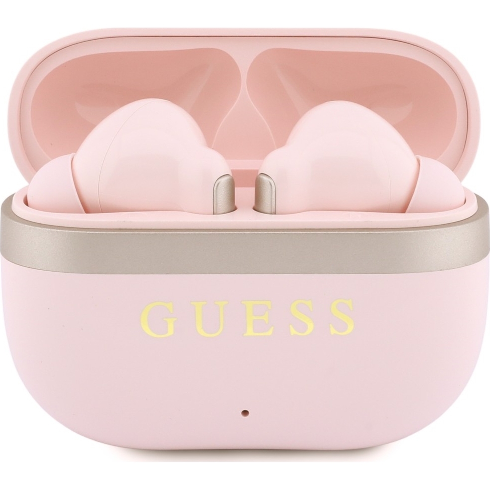 Bezprzewodowe słuchawki douszne Guess TWS Glossy Gold LinePrinted Classic Logo ze stacją ładującą, Bluetooth 6.0, różowe