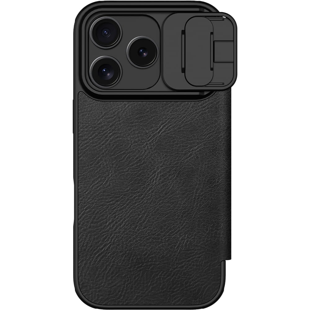 Etui z klapką i ochroną aparatu Nillkin Qin Pro do iPhone 17 Pro, czarne