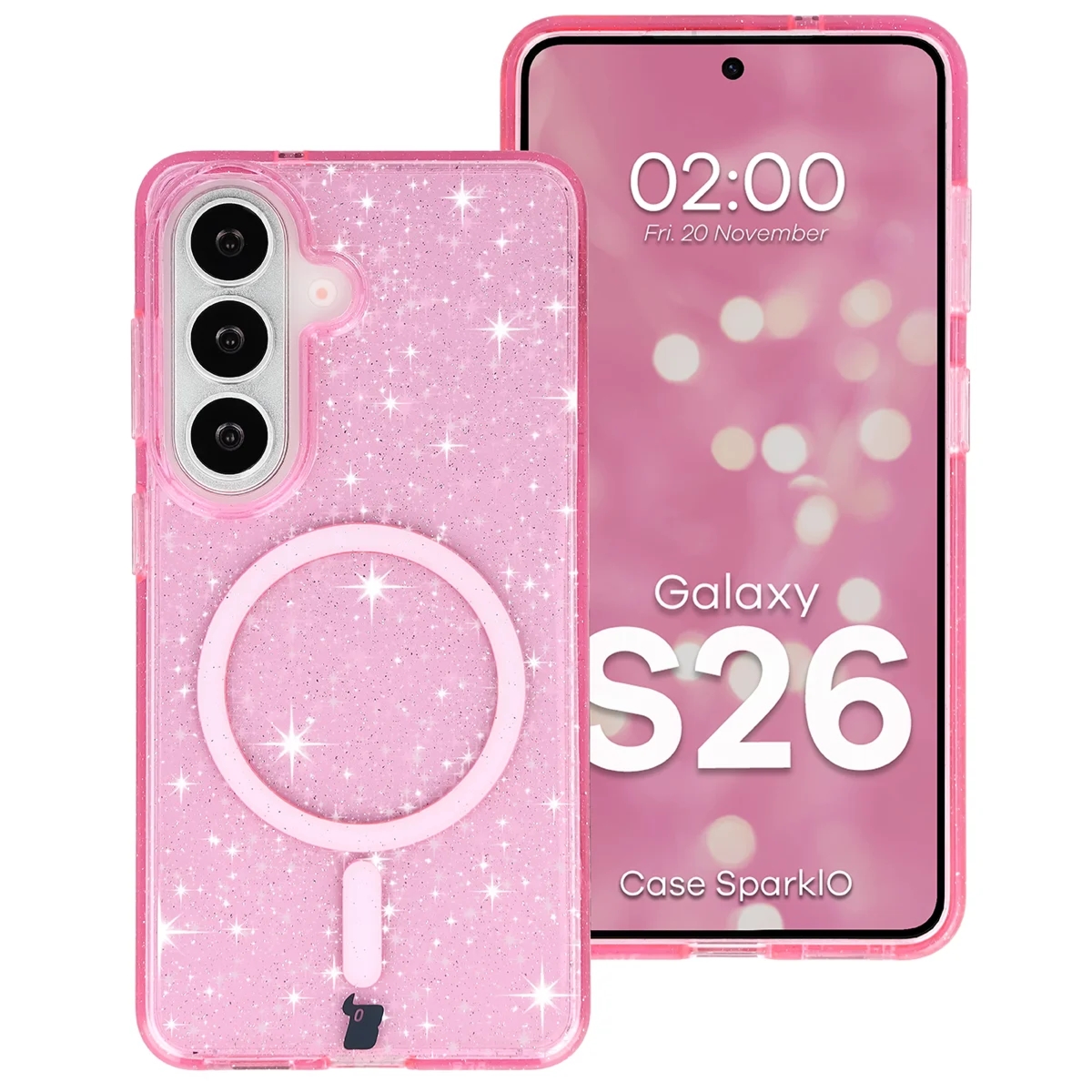 Etui brokatowe z pierścieniem magnetycznym Bizon Case SparklO do Galaxy S26, przezroczysto-różowe z brokatem