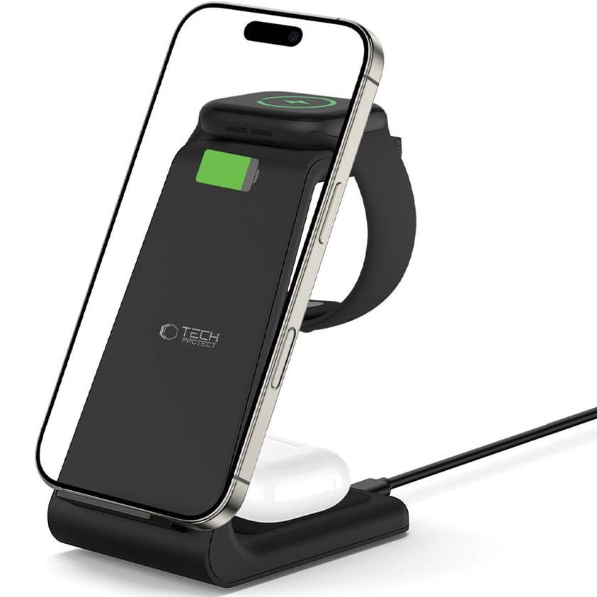 Image of Ładowarka indukcyjna Tech-Protect Qi15W A36 3w1 Wireless Charger do Apple, czarna