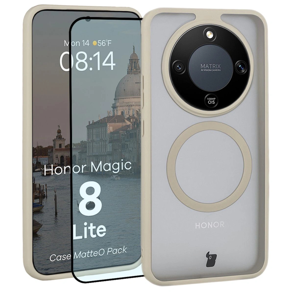 Etui z pierścieniem magnetycznym + szkło hartowane Bizon MatteO Pack do Honor Magic8 Lite, przydymione-beżowe
