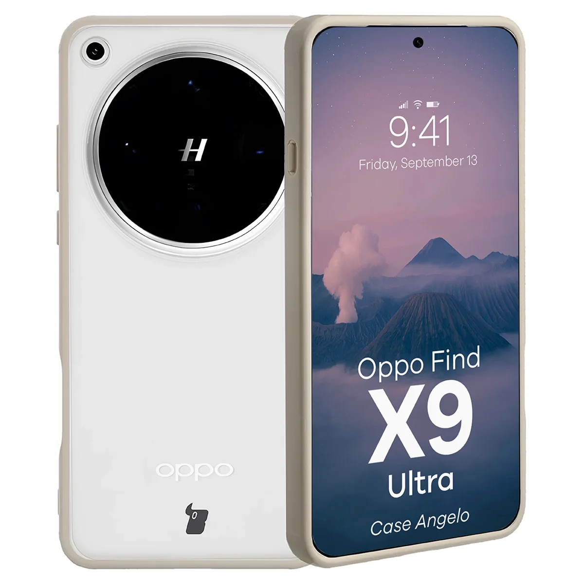 Etui Bizon Case Angelo do Oppo Find X9 Ultra, półprzezroczyste z beżową ramką