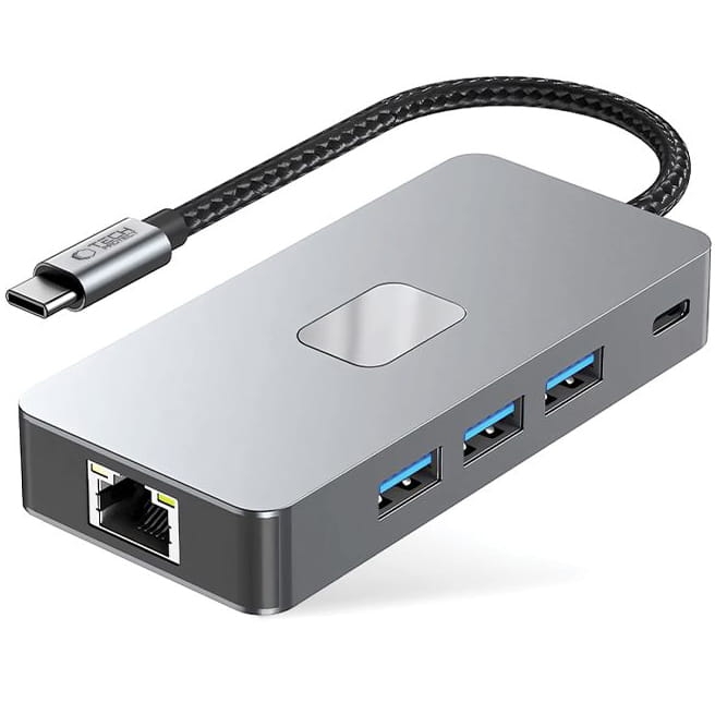 Image of Hub, adapter Tech-Protect HB05, 9w1 3x USB-A, 2x USB-C, HDMI 4k/60Hz, Ethernet RJ-45, czytnik kart SD / TF, PD 100W, szary