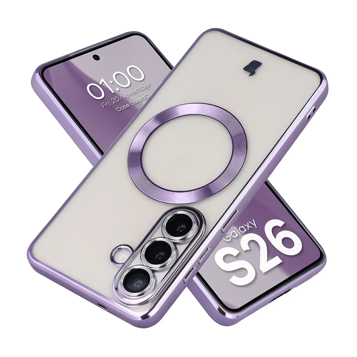 Etui z ochroną aparatu i pierścieniem magnetycznym Bizon Case GuardO do Galaxy S26, przezroczysto-fioletowe