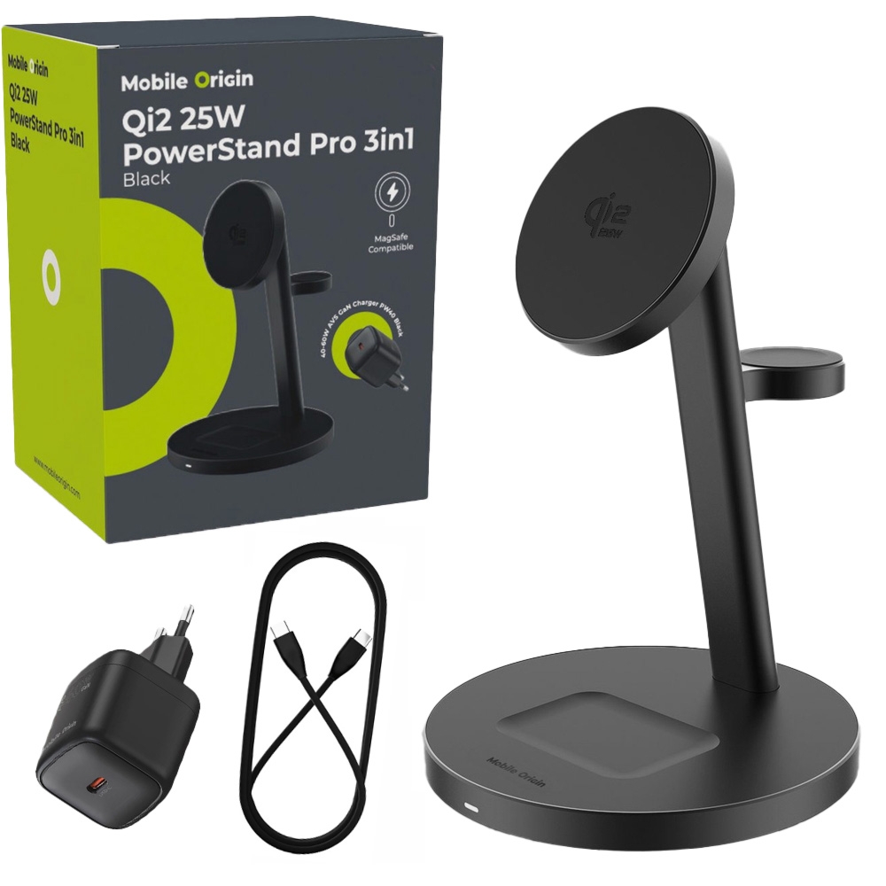 Ładowarka indukcyjna Mobile Origin PowerStand Pro 3in1 do Apple, Qi2 25W, MagSafe, 32.5W, ładowarka GaN 60W, kabel USB-C, czarna