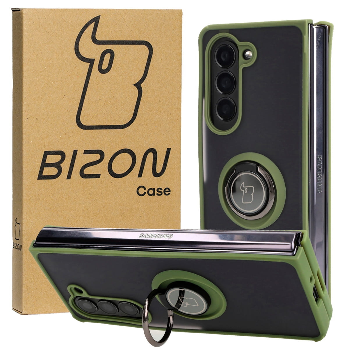 Image of Etui z uchwytem na palec Bizon Case Hybrid Ring do Galaxy Z Fold5, przydymione z zieloną ramką