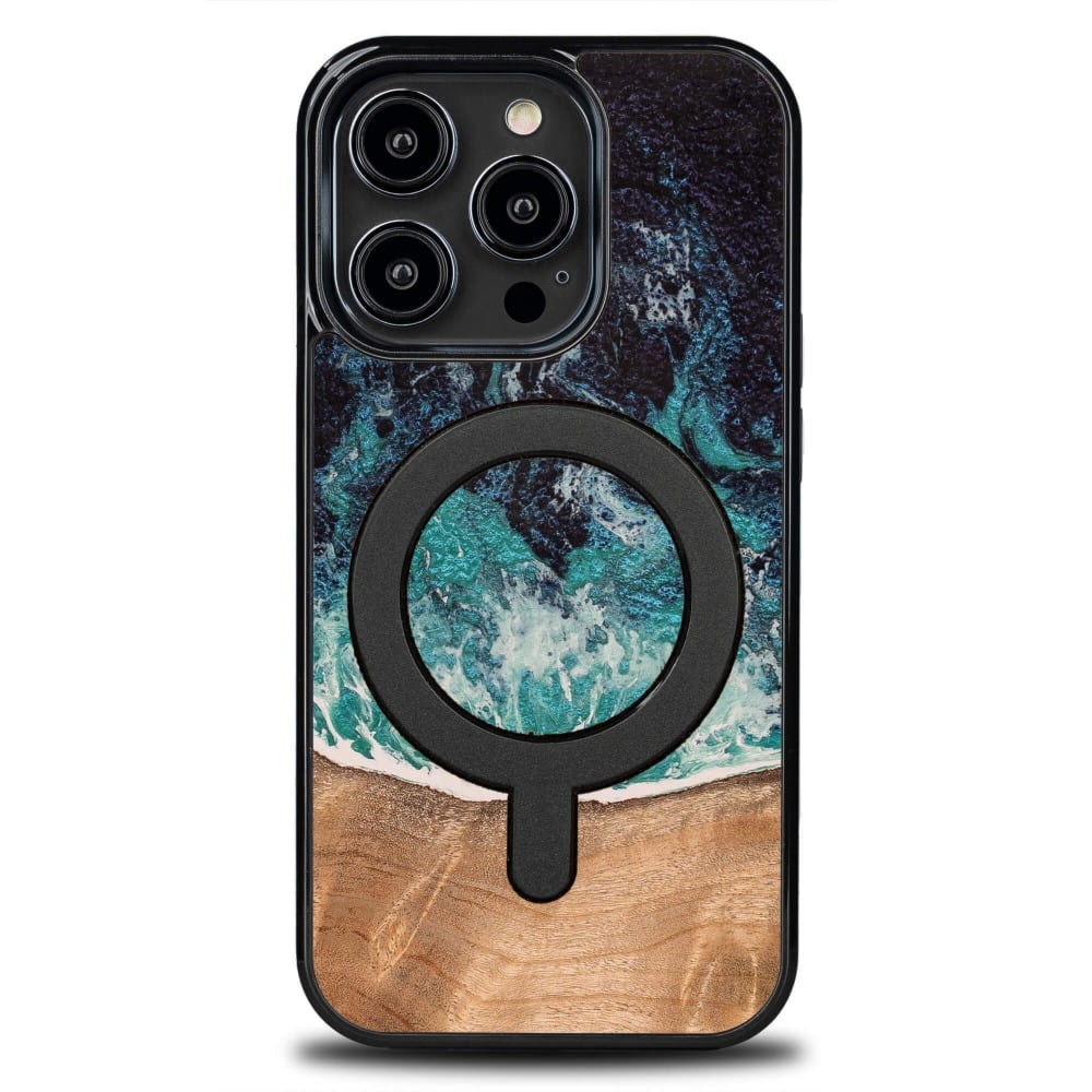 Drewniane etui do iPhone 15 Pro, Bewood Unique Dream Island do MagSafe, niebiesko-brązowe