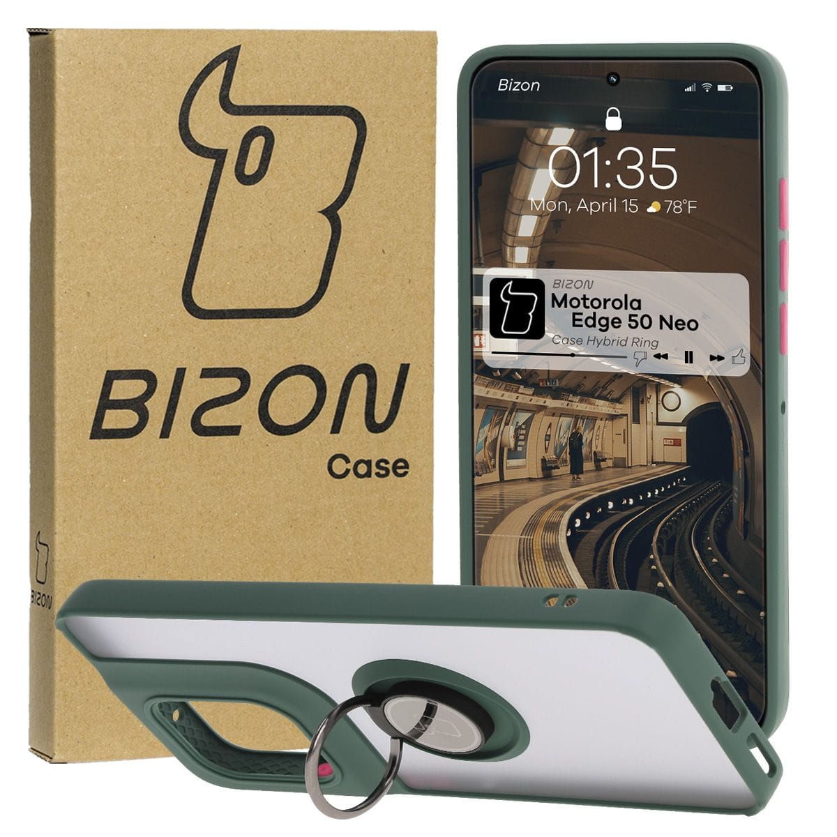 Image of Etui z uchwytem na palec Bizon Case Hybrid Ring do Motorola Edge 50 Neo, przydymione z ciemnozieloną ramką
