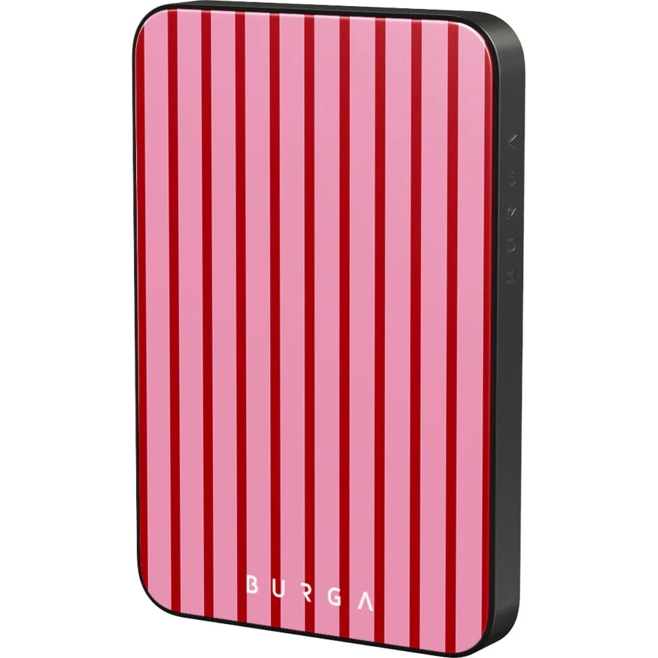 Powerbank indukcyjny Burga Magnetic Gunmetal Favorite Bikini, magnetyczny do MagSafe, Qi, USB-C, PD, 20W, 5000mAh + kabel USB-C, różowe w paski
