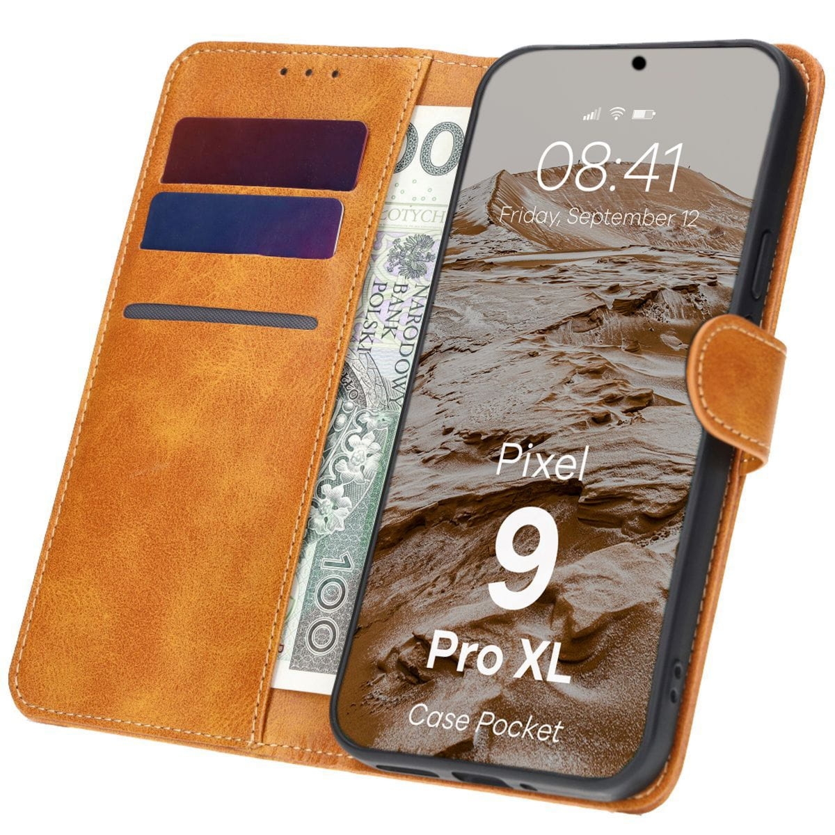 Etui z klapką Bizon Case Pocket do Google Pixel 9 Pro XL, brązowe