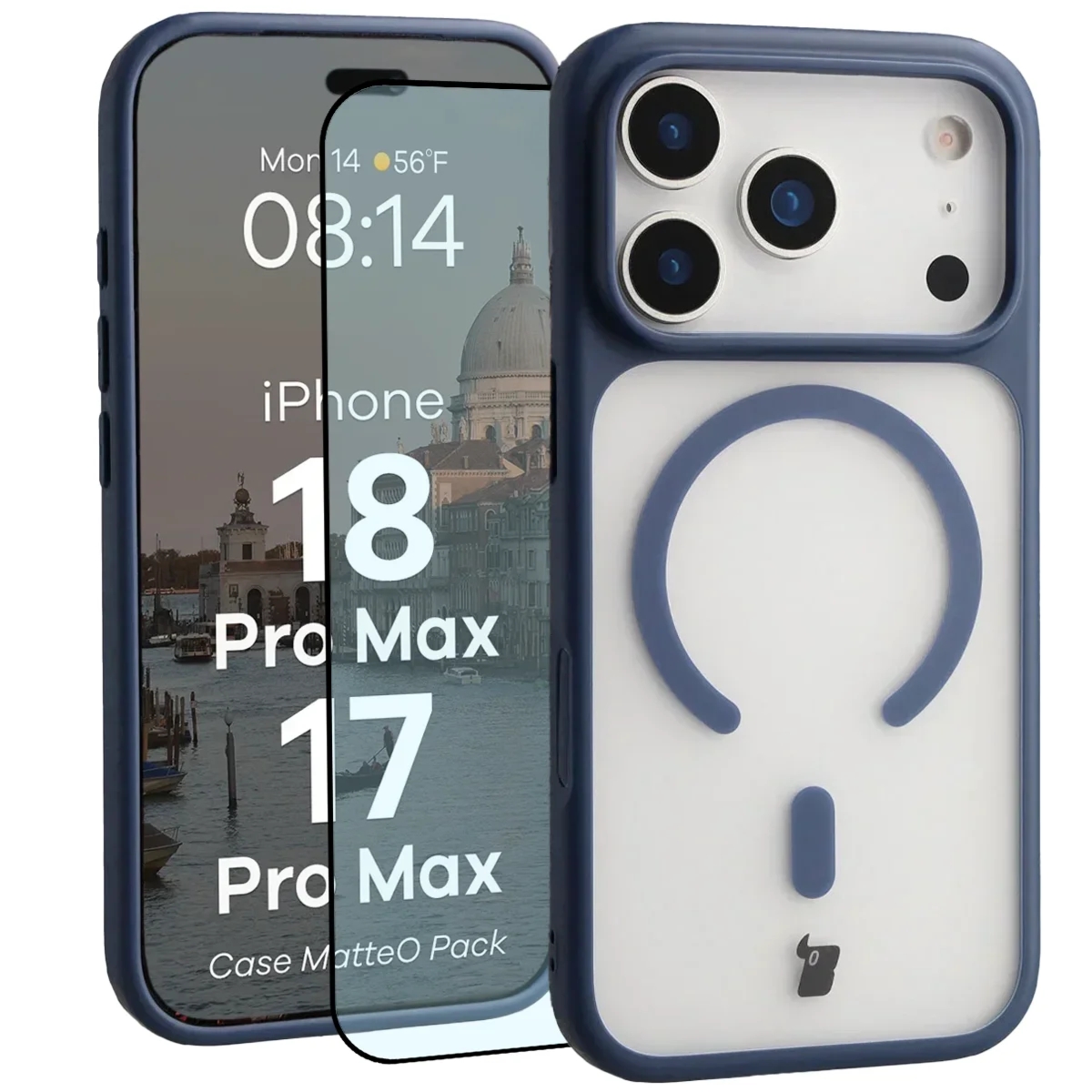 Etui z pierścieniem magnetycznym + szkło hartowane Bizon MatteO Pack do iPhone 18 Pro Max / 17 Pro Max, przydymione-granatowe