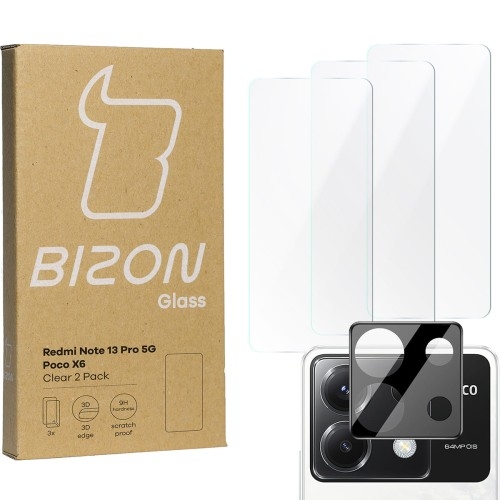 Image of 3x Szkło + szybka na aparat BIZON Clear 2 Pack do Xiaomi Poco X6 / Redmi Note 13 Pro 5G