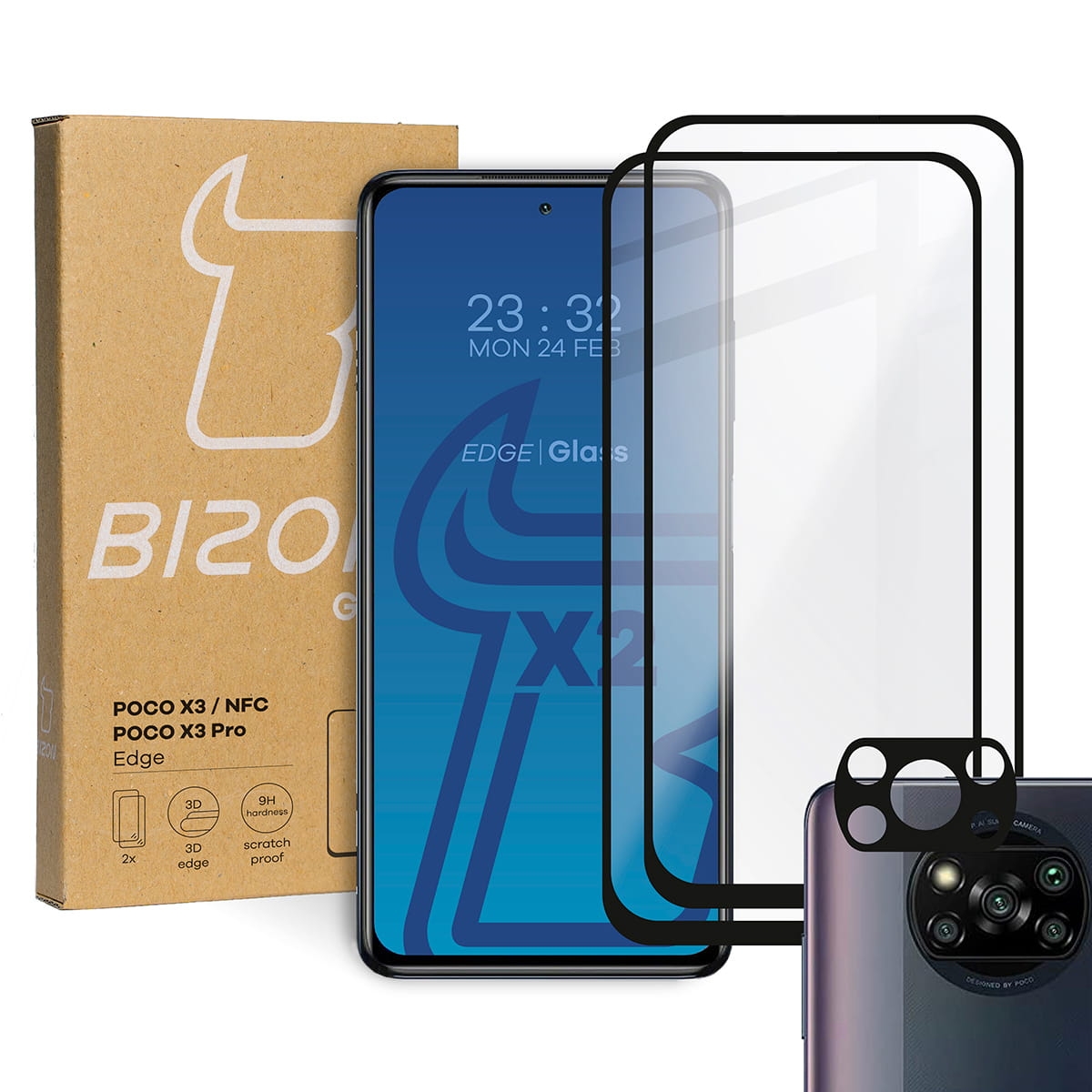 Image of 2x Szkło + szybka na aparat Bizon Edge Pack, Xiaomi Poco X3 / NFC / PRO, czarne