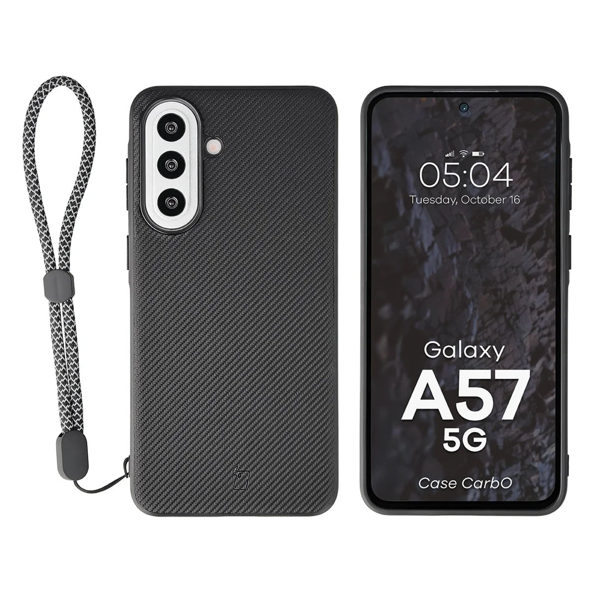 Etui ze smyczką na nadgarstek i pierścieniem magnetycznym Bizon Case CarbO do Galaxy A57 5G, czarne