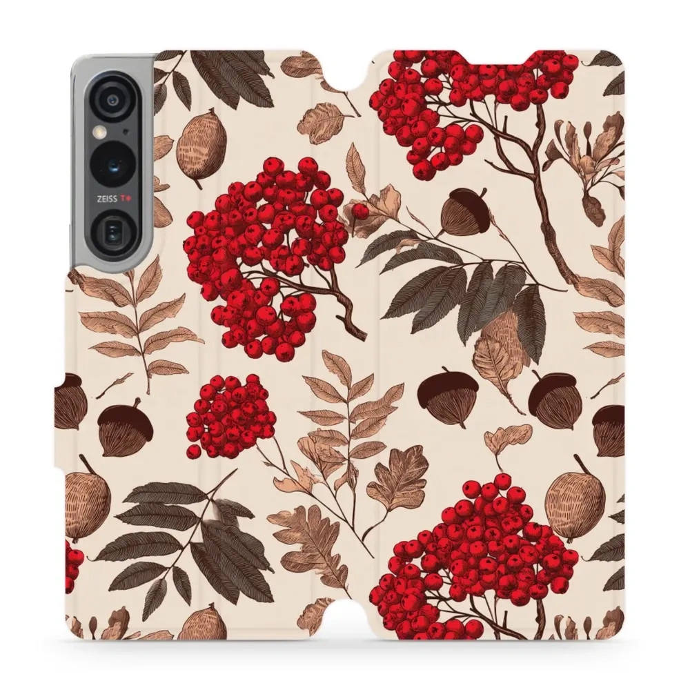 Etui z klapką do Sony Xperia 1 V, Mobiwear Book, jarzębina na ecru