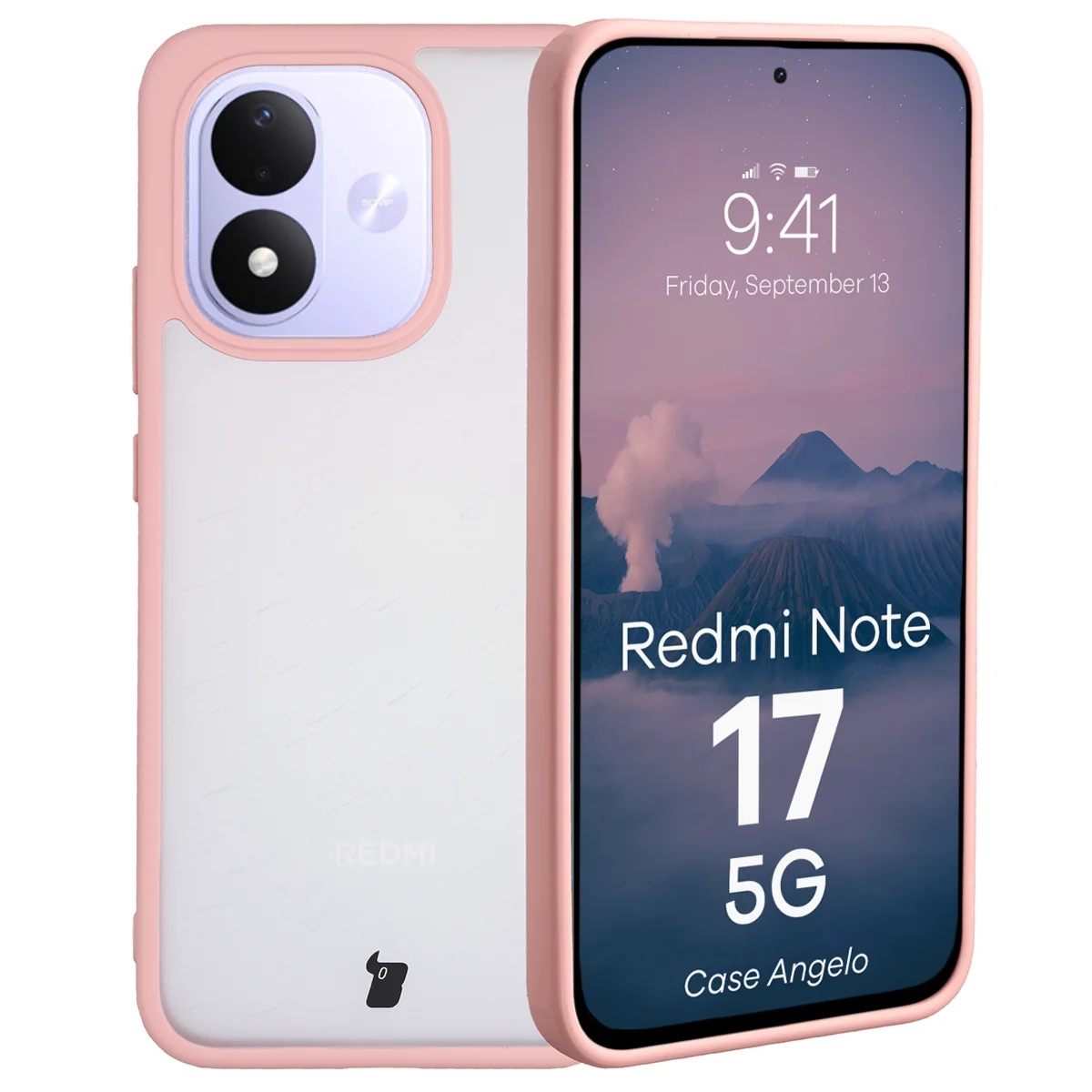 Etui Bizon Case Angelo do Xiaomi Redmi Note 17 4G/5G, półprzezroczyste z jasnoróżową ramką