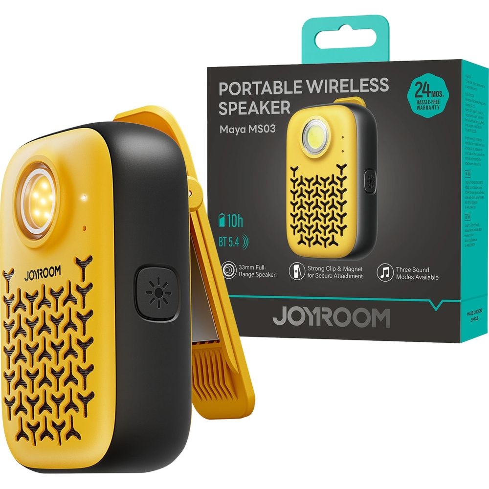 Głośnik bezprzewodowy Joyroom Maya Series JR-MS03, Bluetooth 5.4, 600 mAh, przenośny z ENC i wbudowaną latarką, IP67, żółto-czarny