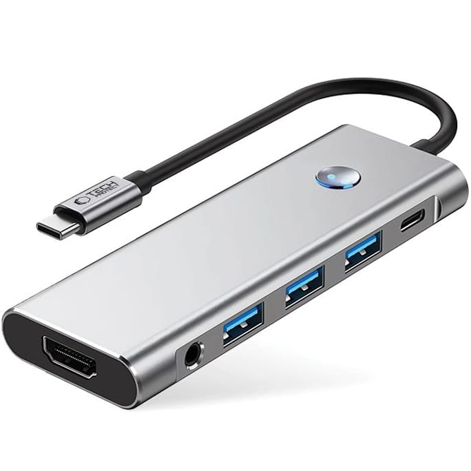 Image of Hub, adapter Tech-Protect HB04, 9w1 3x USB-A, 2x USB-C, HDMI 4k/60Hz, Jack 3.5mm, czytnik kart SD / TF, PD 100W, szary