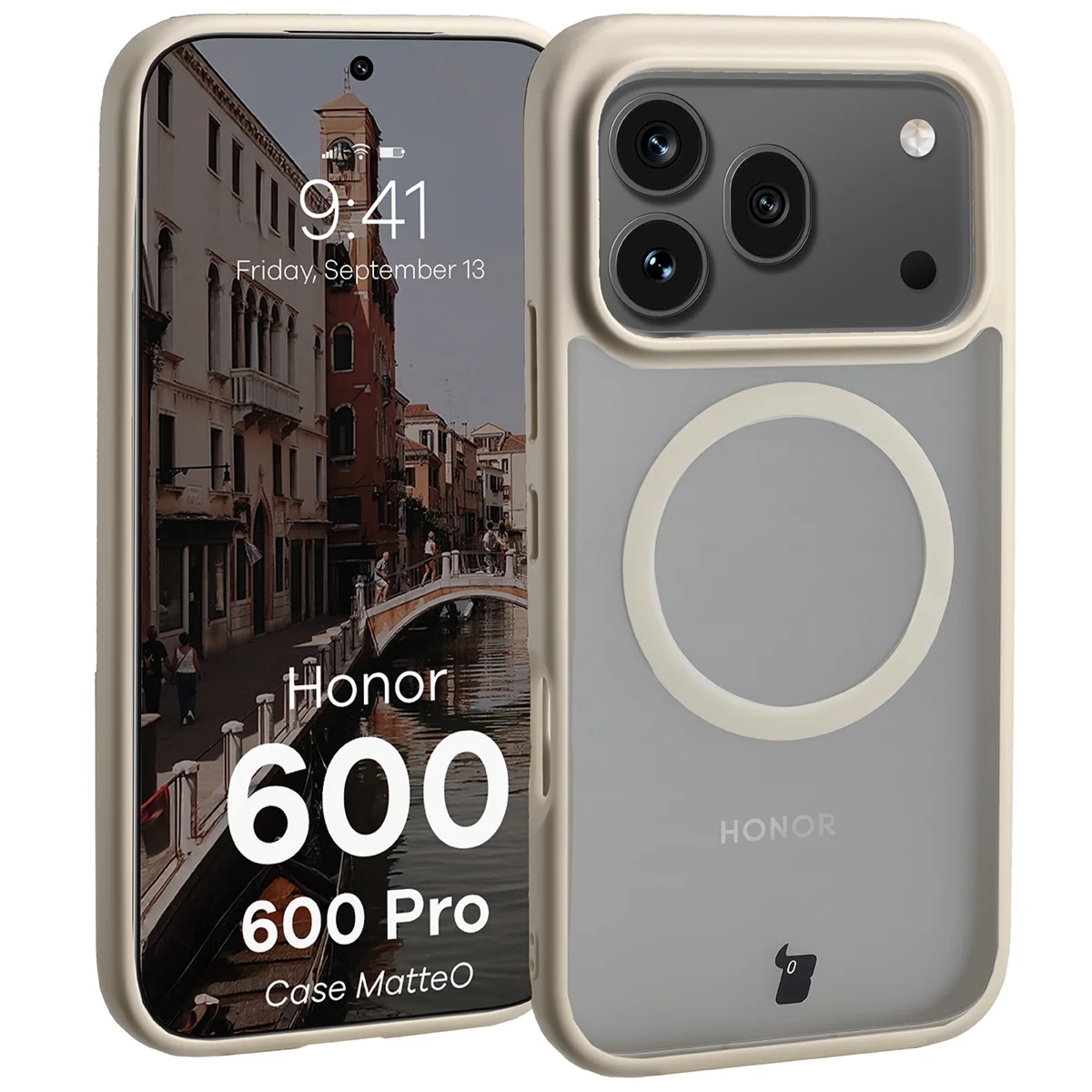Etui z pierścieniem magnetycznym Bizon Case MatteO do Honor 600 5G / 600 Pro 5G, przydymione-beżowe
