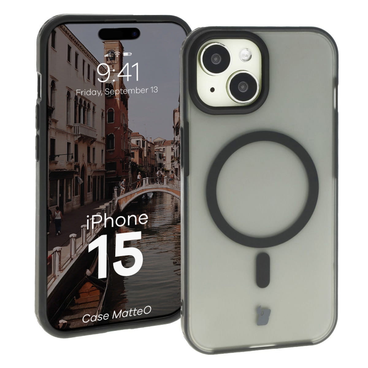 Etui z pierścieniem magnetycznym Bizon Case MatteO do iPhone 15, półprzezroczyste z czarną ramką